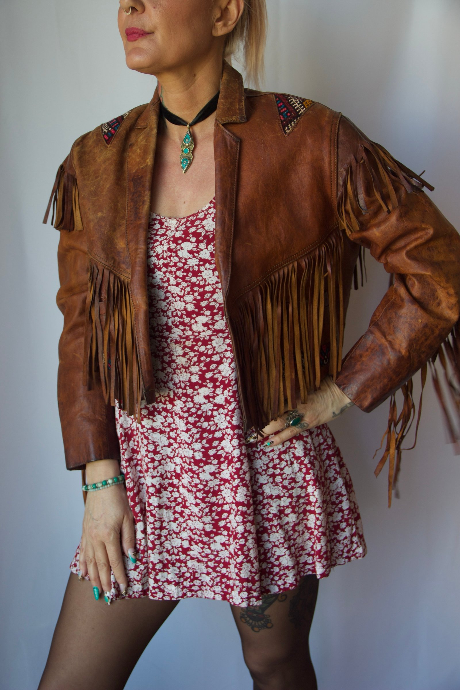 Veste western à franges en cuir camel vintage