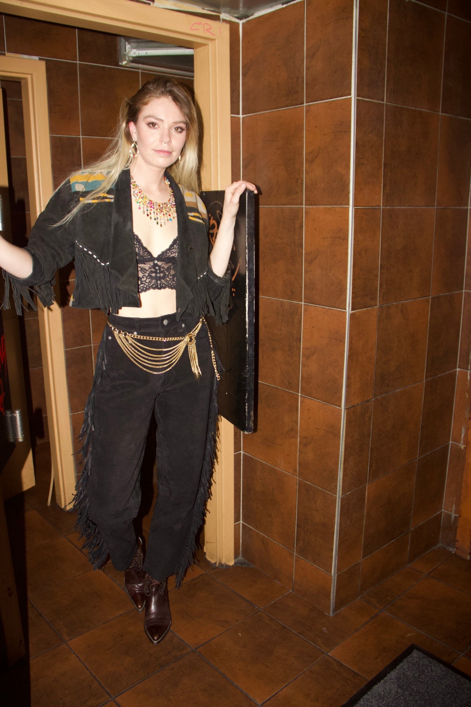 Pantalon en cuir vintage à franges – taille haute western